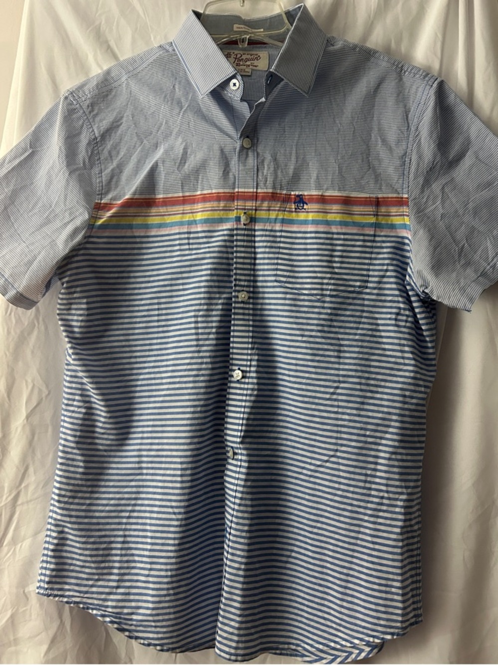 Original Penguin Heritage Slim Fit Light Blue Striped Short Sleeve Shirt